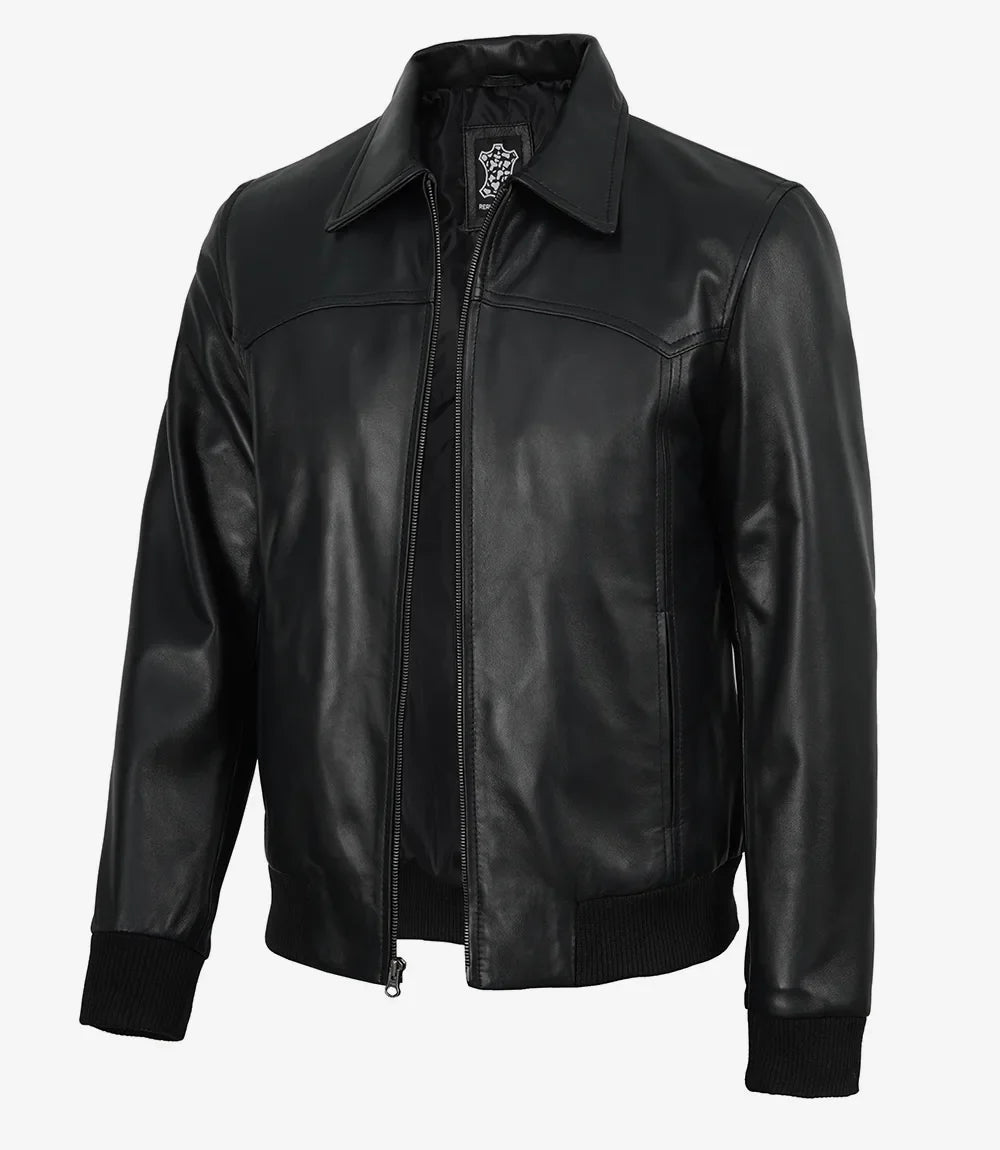 Men’s Premium Black Leather Bomber Jacket – Classic Shirt Collar