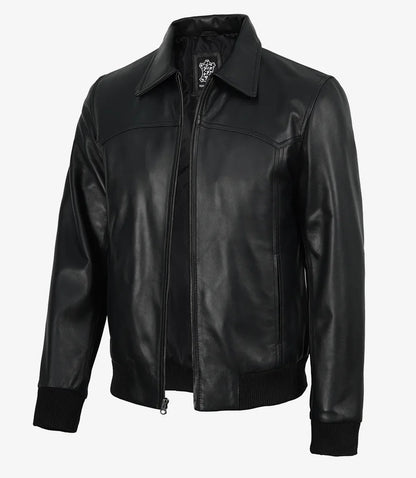 Men’s Premium Black Leather Bomber Jacket – Classic Shirt Collar