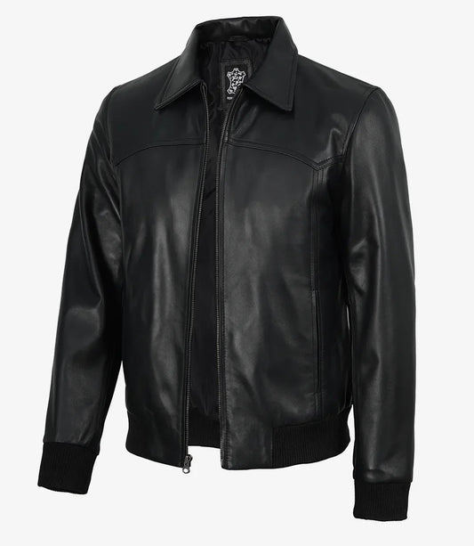 Men’s Premium Black Leather Bomber Jacket – Classic Shirt Collar