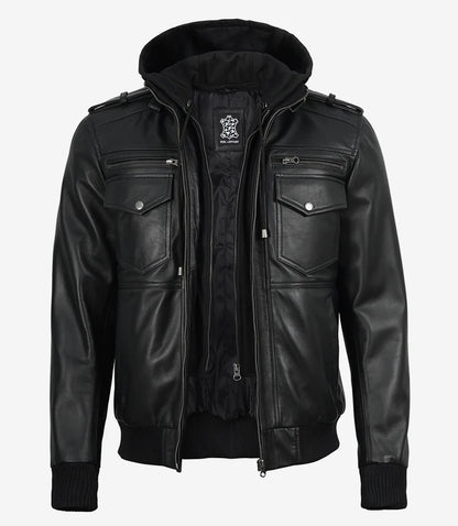 Mens Classic Black Bomber Leather Jacket with Hood