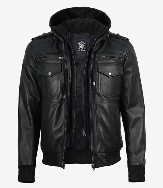 Mens Classic Black Bomber Leather Jacket with Hood