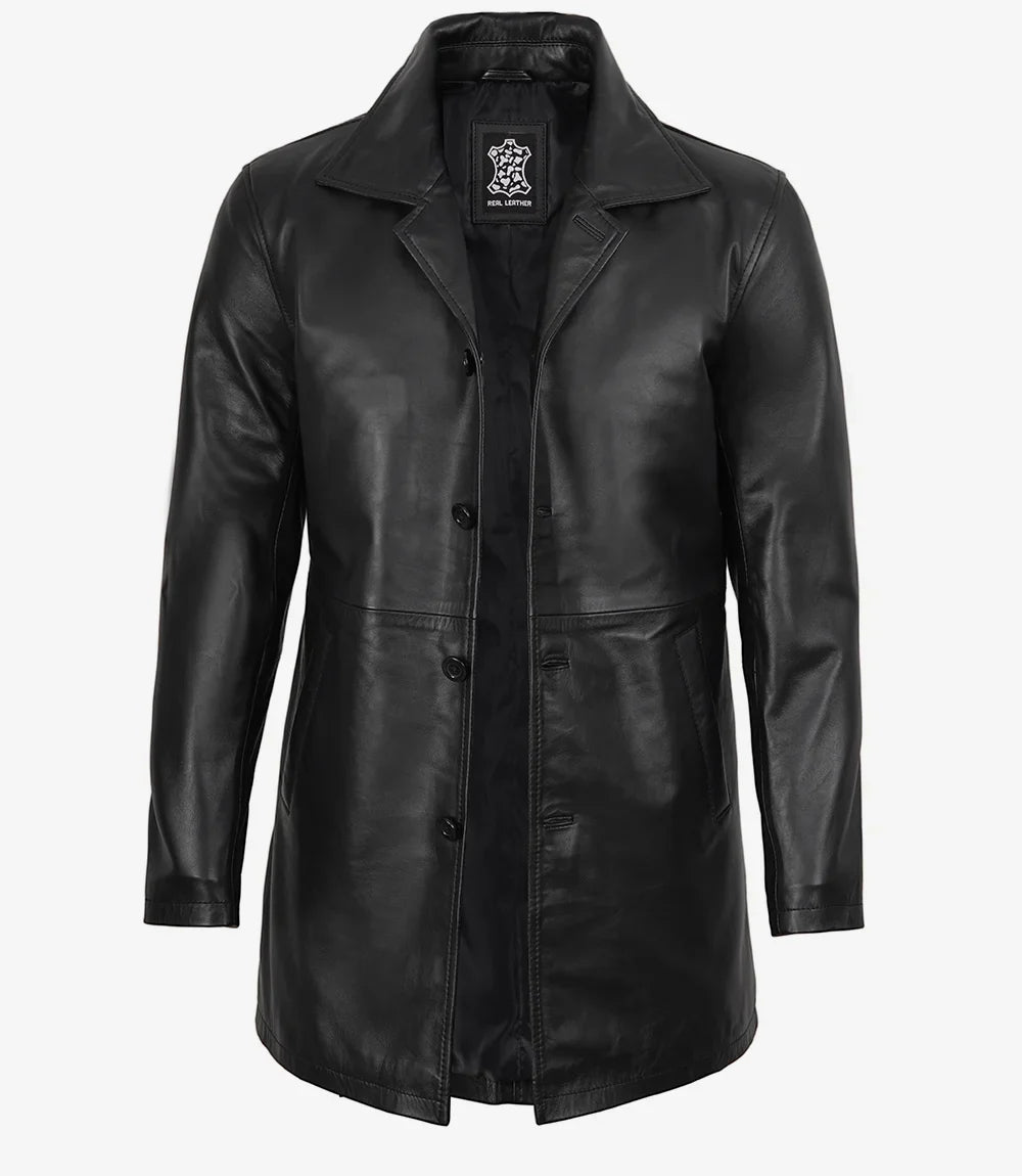 Men's 3/4 Length Lambskin Leather Black Car Coat