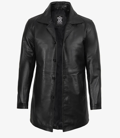 Men's 3/4 Length Lambskin Leather Black Car Coat