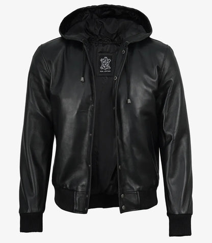 Mens Black Hooded Leather Bomber Jacket - Letterman Style