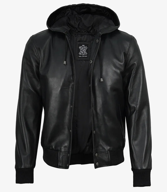 Mens Black Hooded Leather Bomber Jacket - Letterman Style