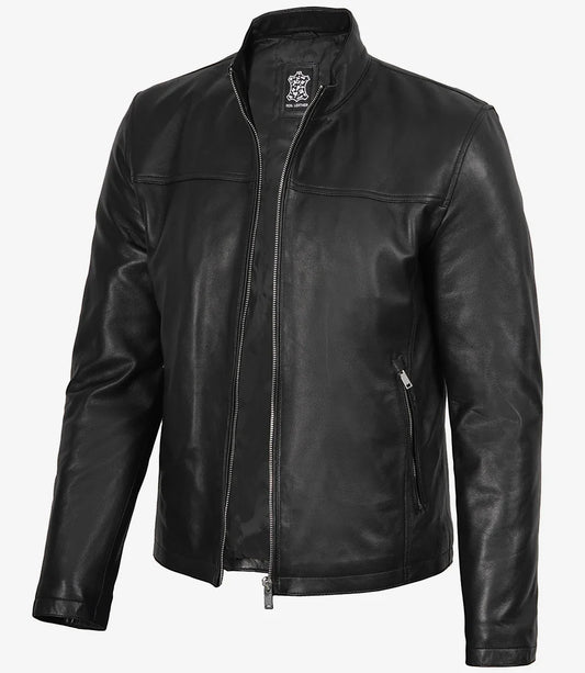 Men's Black Lambskin Cafe Racer Bomber Jacket