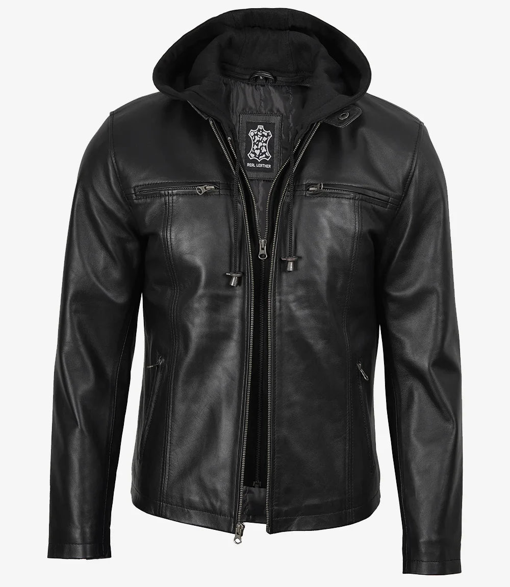 Jonathan Mens Black Cafe Racer Style Leather Jacket with Removable Hood