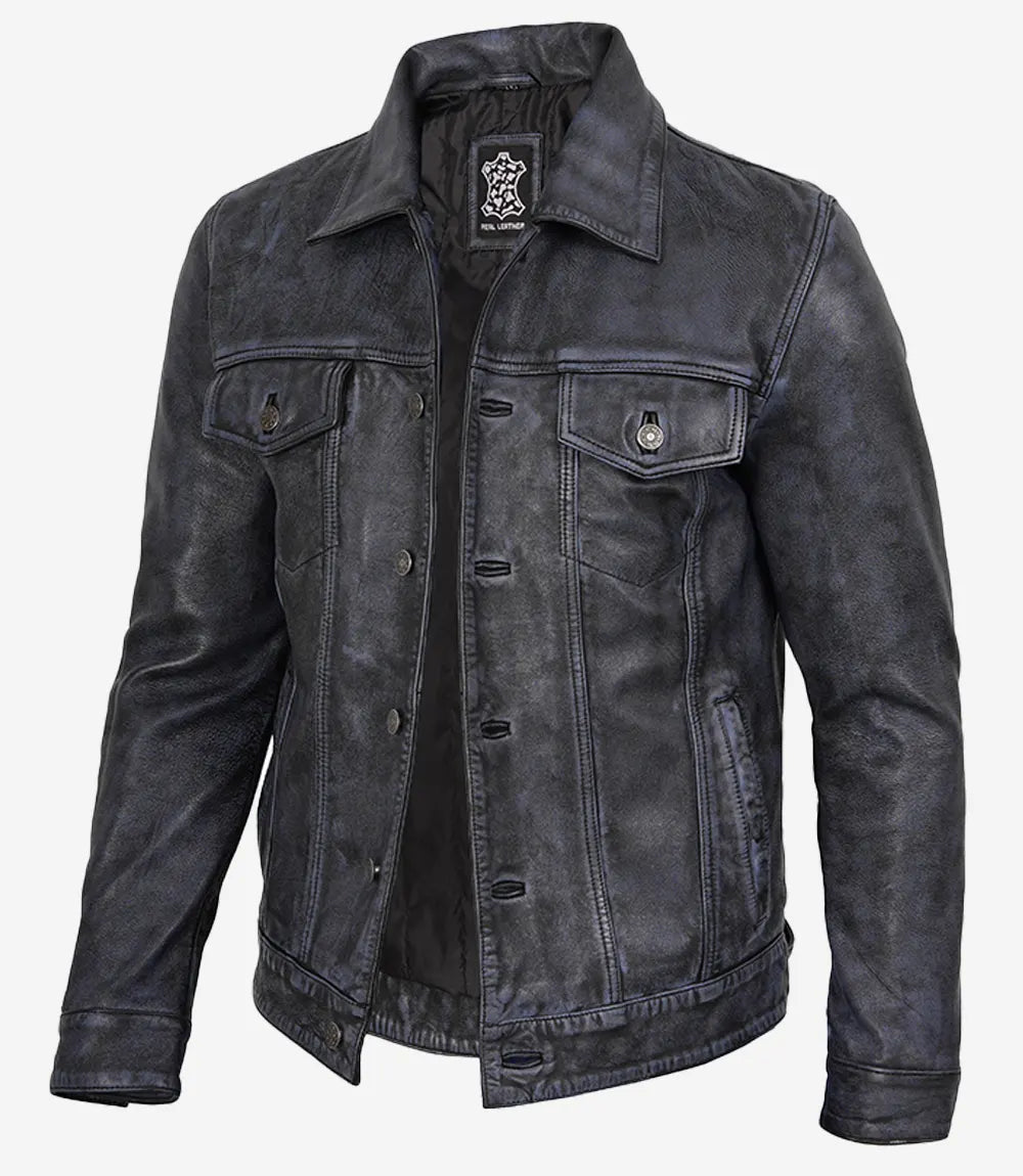 Men’s Black Distressed Real Leather Trucker Jacket