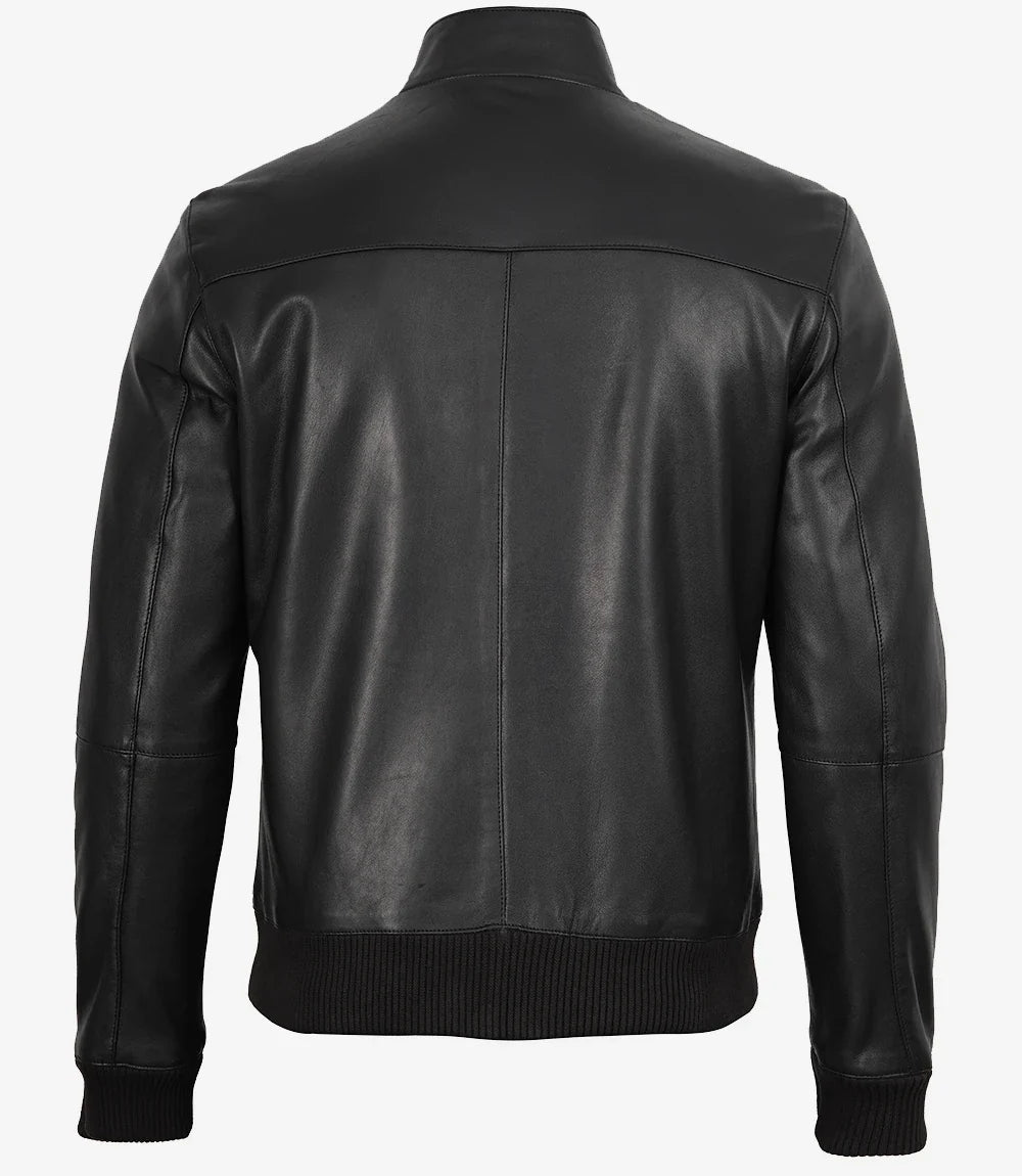 Men's Black Semi-Aniline Lambskin Leather Bomber Jacket