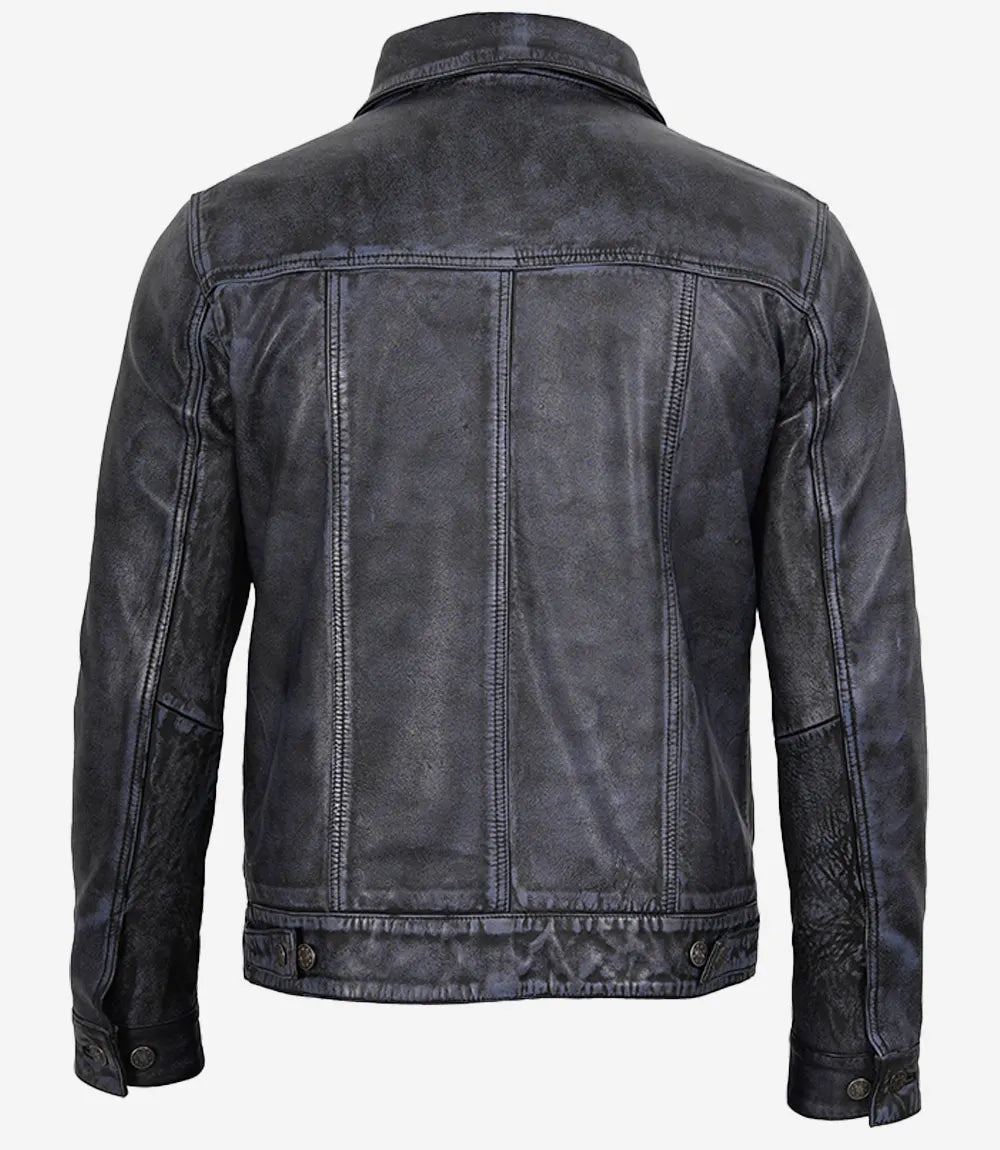 Men’s Black Distressed Real Leather Trucker Jacket