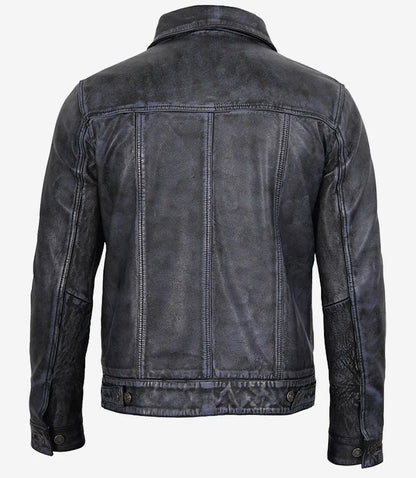 Men’s Black Distressed Real Leather Trucker Jacket