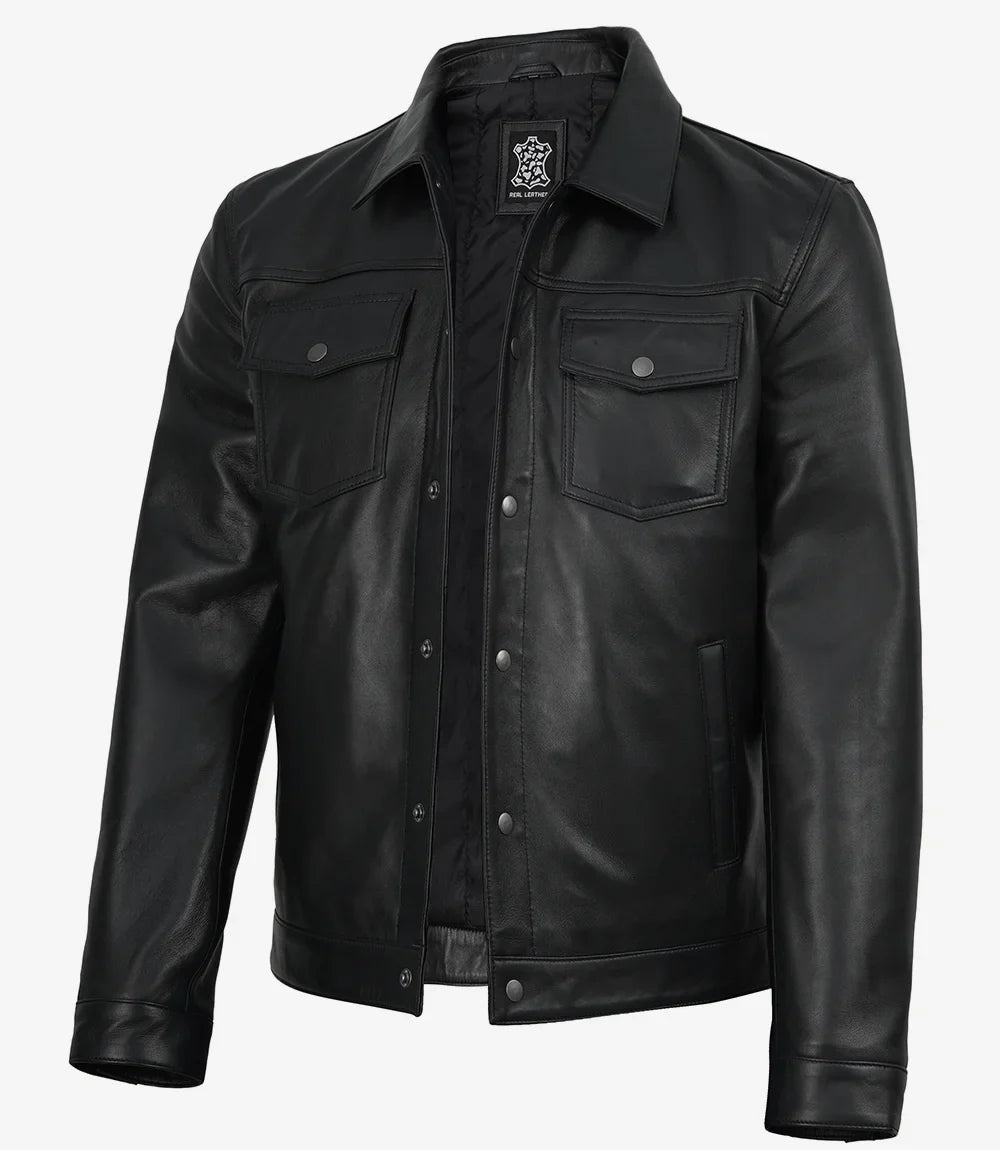 Men’s Premium Black Leather Shirt Jacket | Snap-Button Front