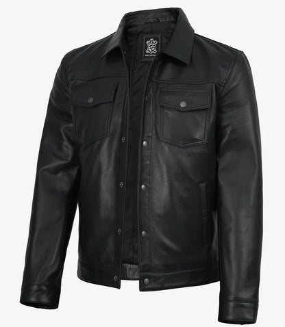 Men’s Premium Black Leather Shirt Jacket | Snap-Button Front