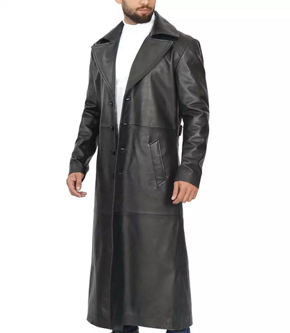 Men's Full-Length Black Leather Coat - Duster Coat