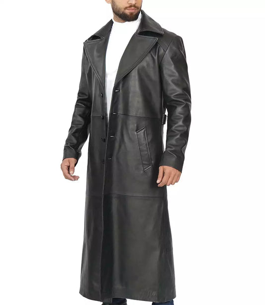 Men's Full-Length Black Leather Coat - Duster Coat