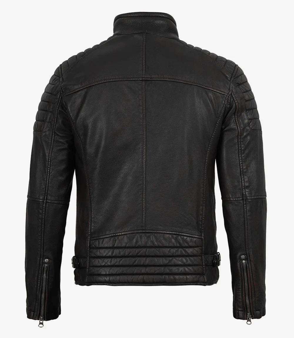 Mens Black Washed Maroon Tone Cafe Racer Leather Jacket