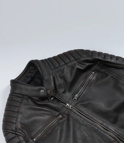 Mens Black Washed Maroon Tone Cafe Racer Leather Jacket