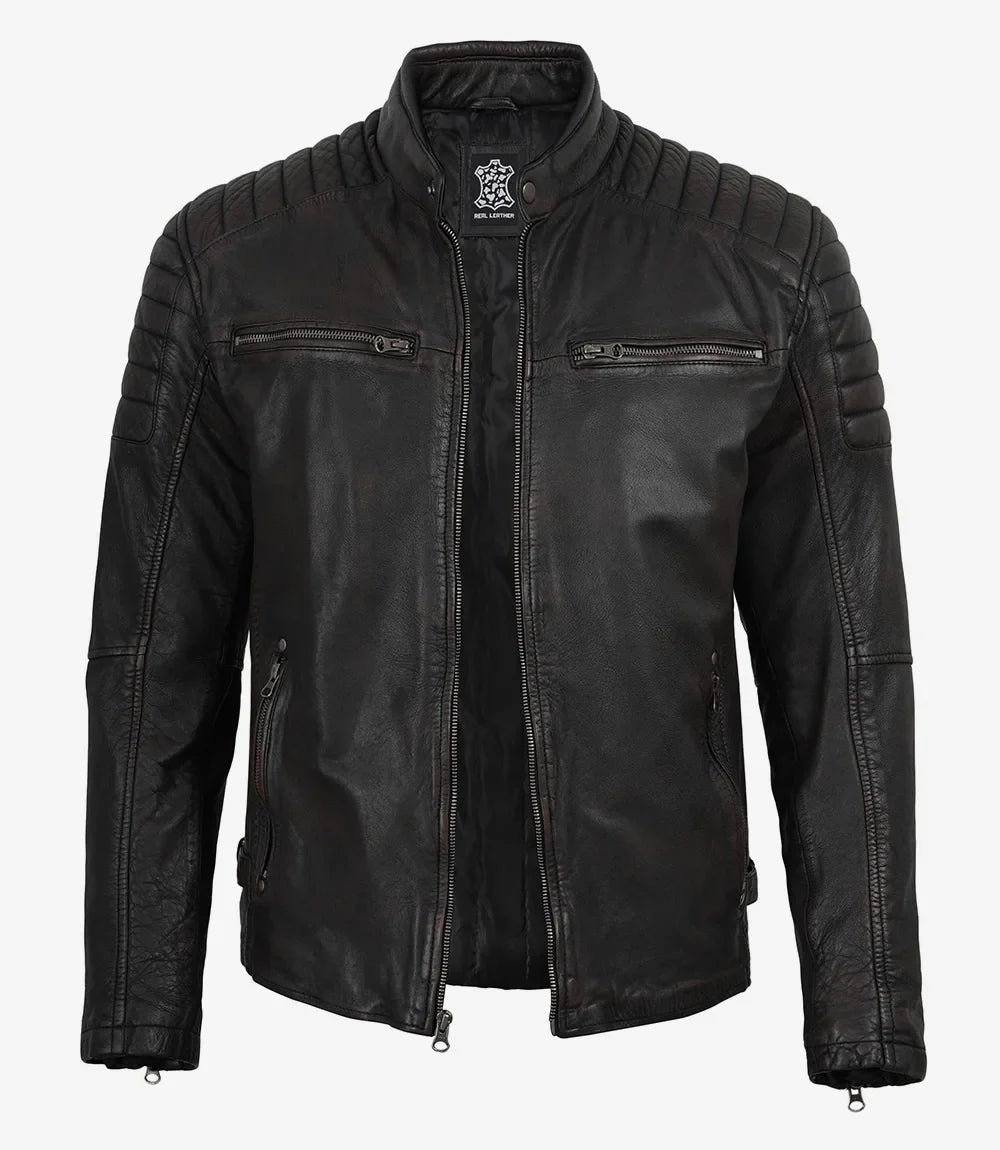Mens Black Washed Maroon Tone Cafe Racer Leather Jacket