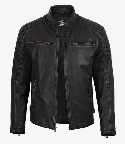 Mens Black Washed Maroon Tone Cafe Racer Leather Jacket