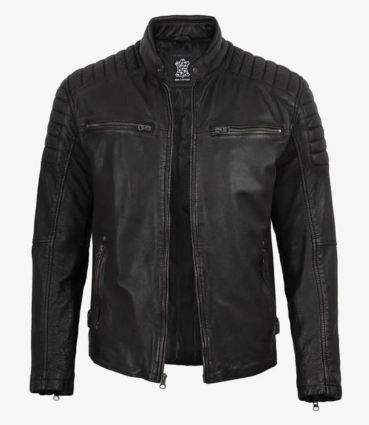 Mens Black Washed Maroon Tone Cafe Racer Leather Jacket