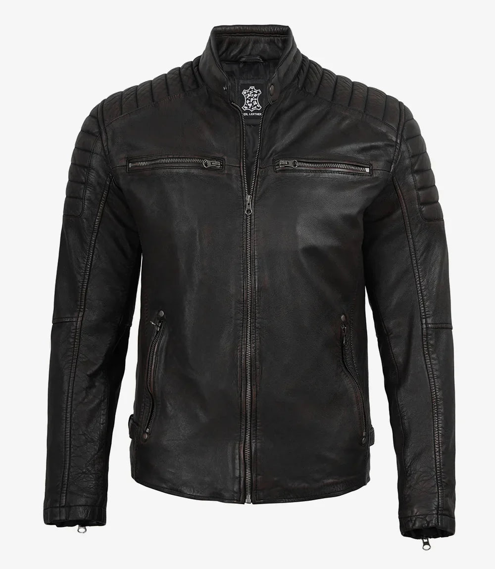 Mens Black Washed Maroon Tone Cafe Racer Leather Jacket