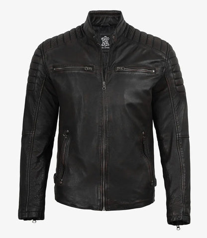 Mens Black Washed Maroon Tone Cafe Racer Leather Jacket