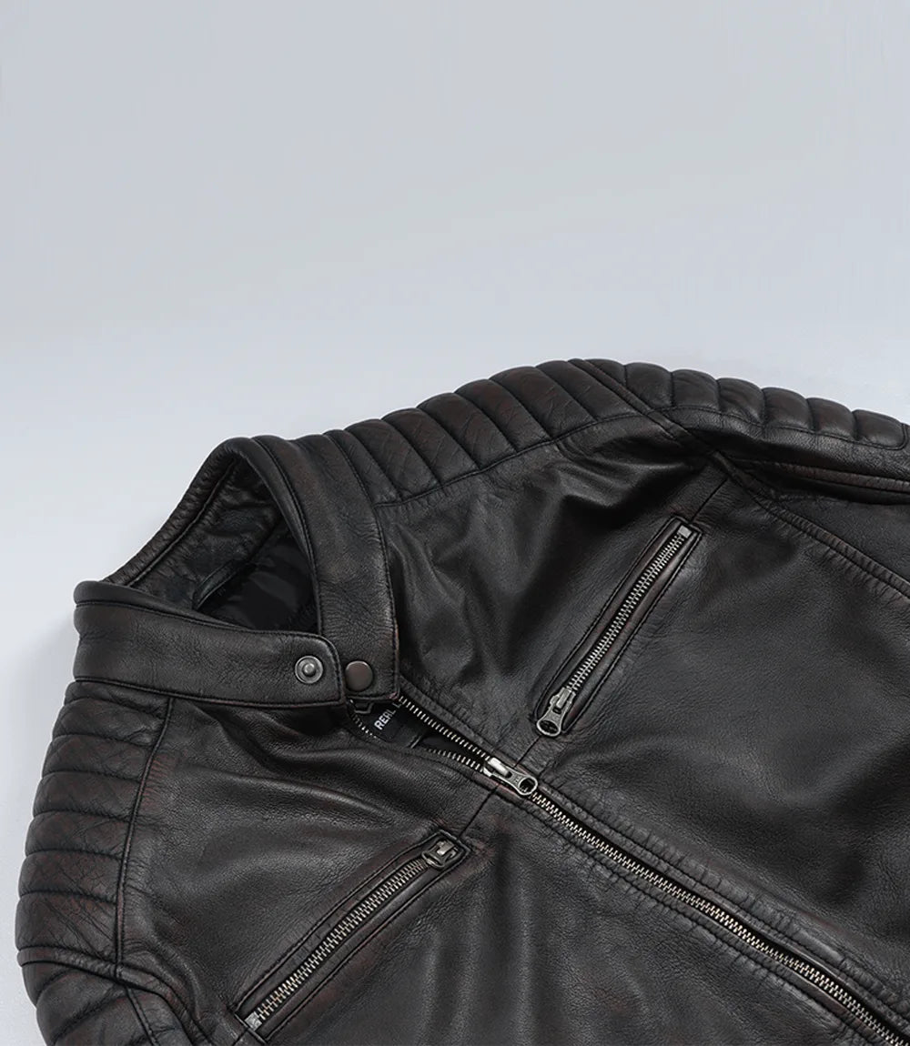Men's Maroon Distressed Black Washed Leather Jacket - Biker Style