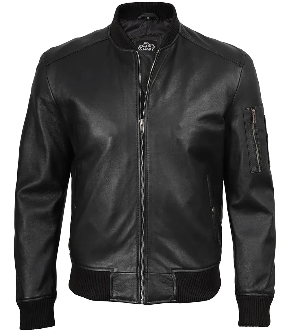 Men's Black Real Leather Bomber Jacket – Minimalist Edition