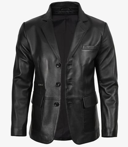 Mens Notch Lapel Three Button Black Leather Blazer