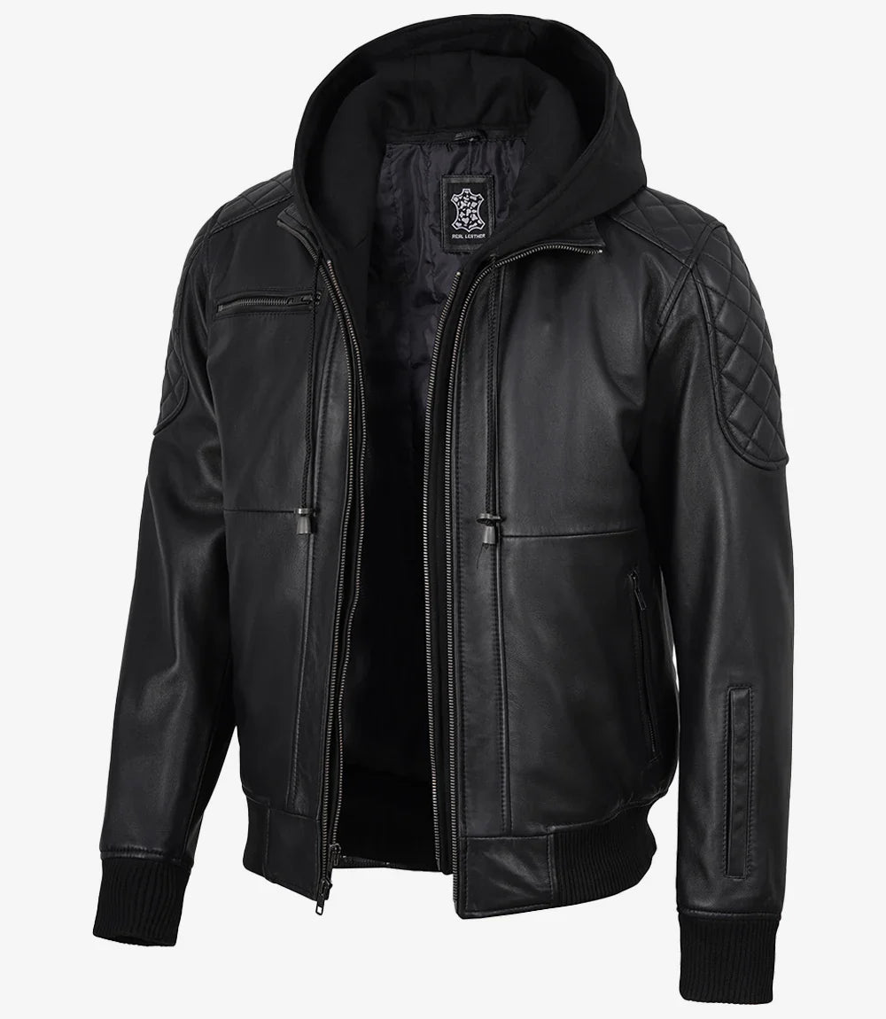 Men's Black Quilted Leather Bomber Jacket with Removable Hood