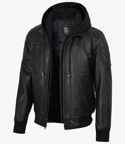 Men's Black Quilted Leather Bomber Jacket with Removable Hood