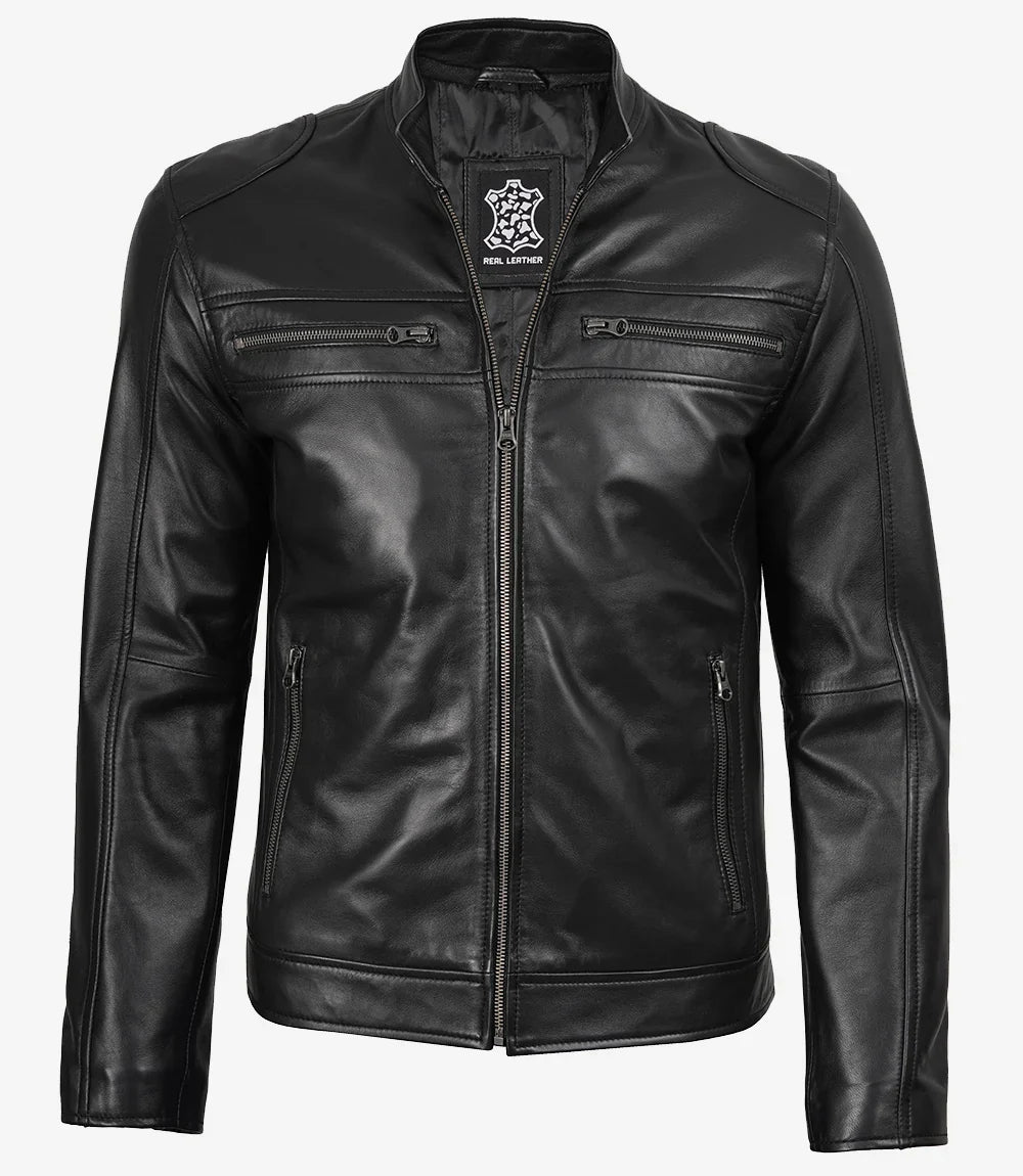 Mens Real Leather Black Biker Style Jacket
