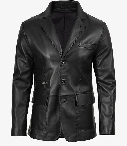 Mens Notch Lapel Three Button Black Leather Blazer