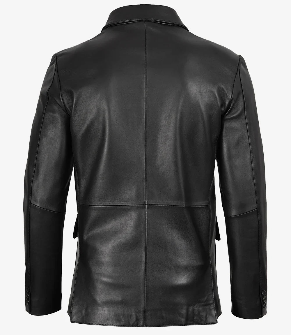 Mens Notch Lapel Three Button Black Leather Blazer