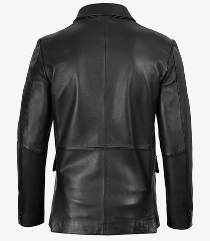 Mens Notch Lapel Three Button Black Leather Blazer