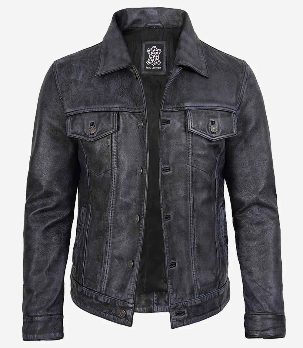 Men’s Black Distressed Real Leather Trucker Jacket