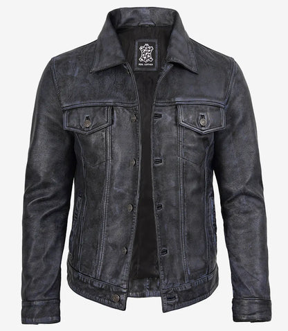 Men’s Black Distressed Real Leather Trucker Jacket