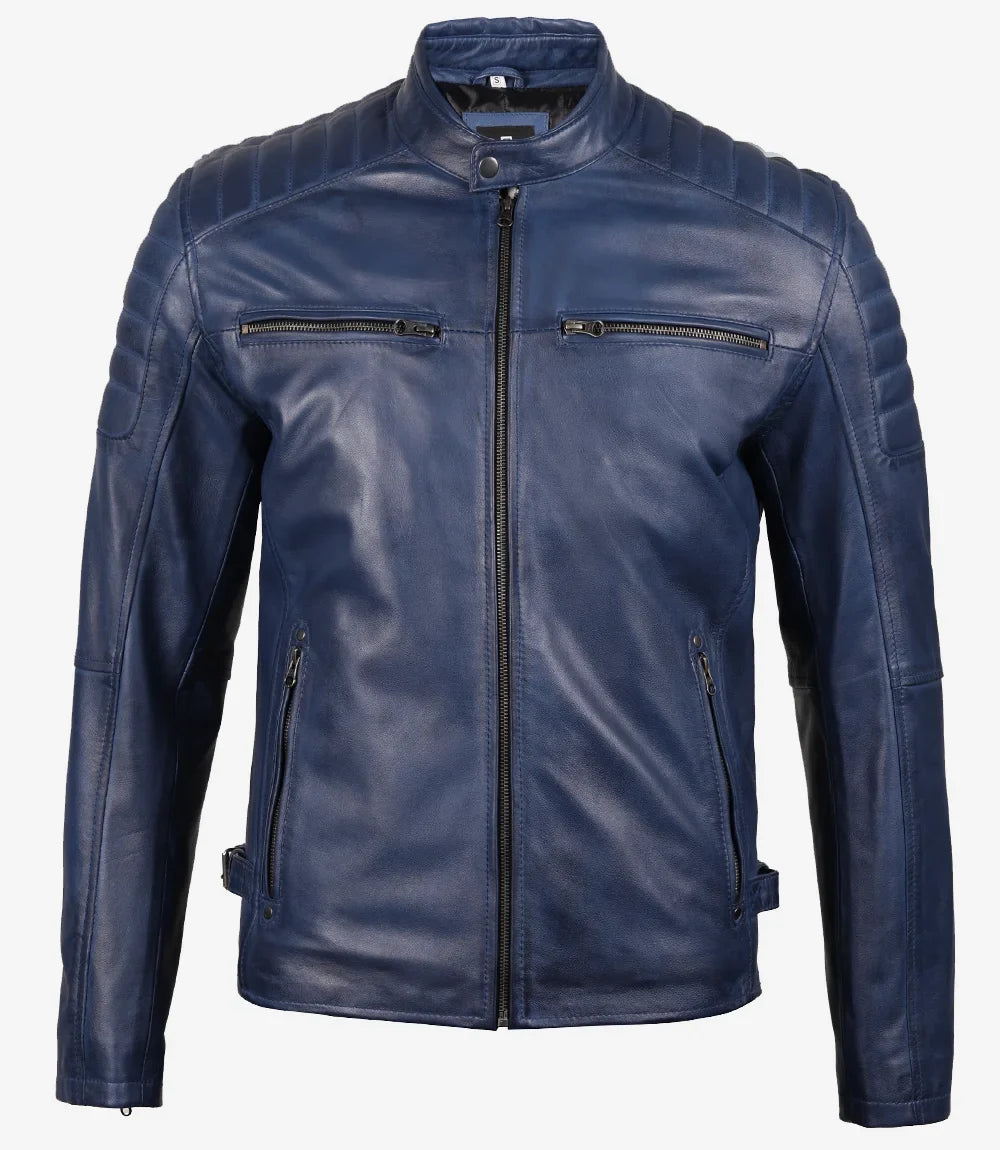 Men's Blue Quilted Lambskin Cafe Racer Jacket