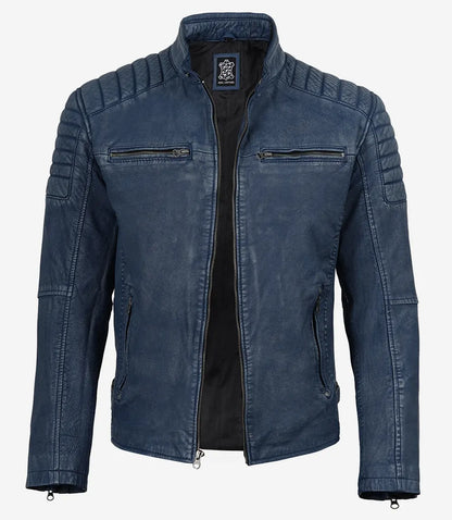Mens Blue Washed Biker Style Leather Jacket