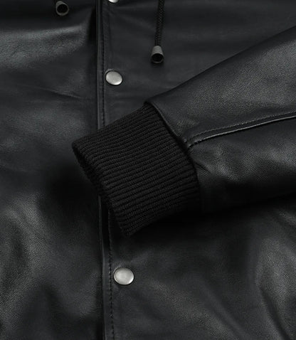 Mens Black Hooded Leather Bomber Jacket - Letterman Style