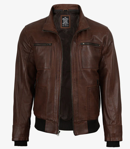 Mens Cognac Waxed Bomber Leather Jacket With Hood