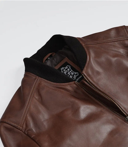 Men's Cognac Waxed Real Leather Bomber Jacket