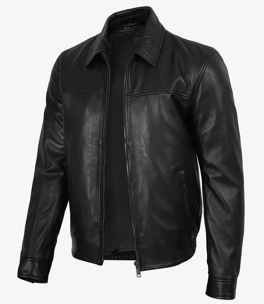 Carlton Men's Black Shirt Collar Bomber Leather Jacket