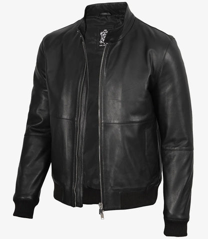Men's Black Semi-Aniline Lambskin Leather Bomber Jacket
