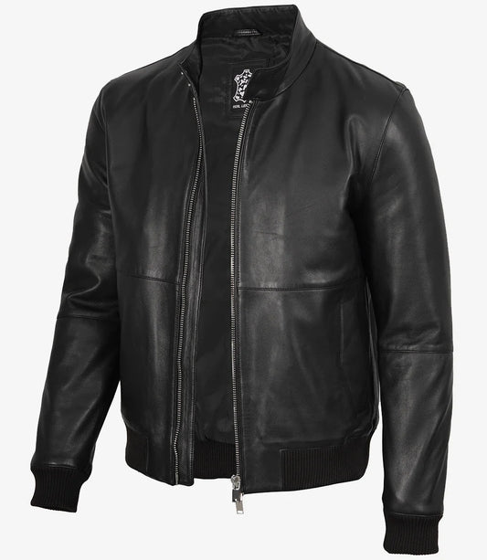 Men's Black Semi-Aniline Lambskin Leather Bomber Jacket