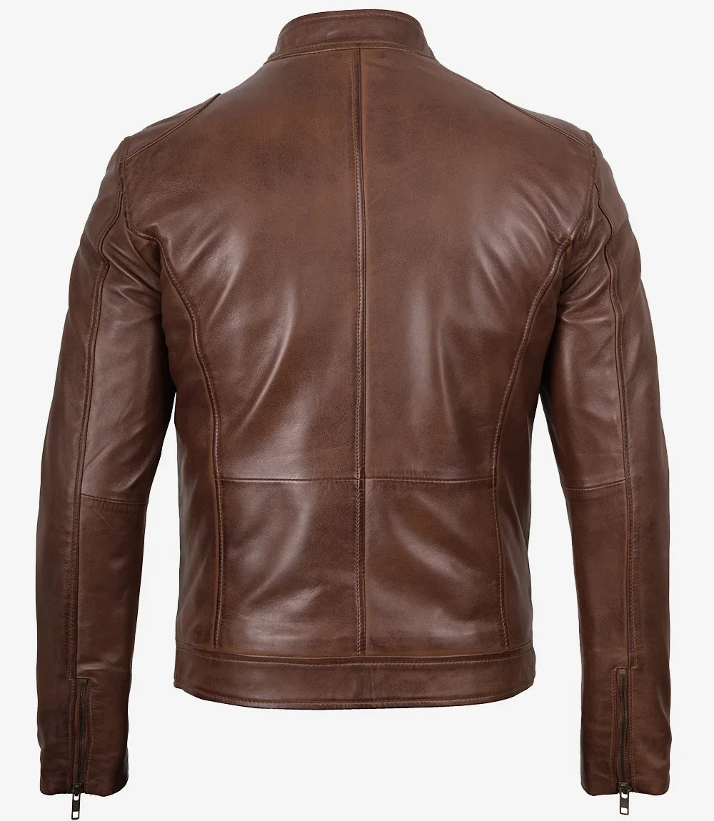 Men’s Cognac Brown Cafe Racer Lambskin Leather Jacket