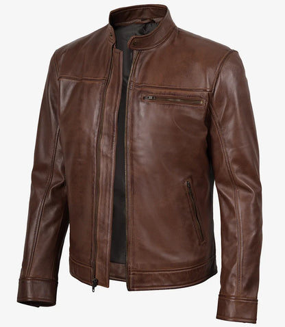 Bickford Men's Cognac Brown Real Leather Biker Jacket