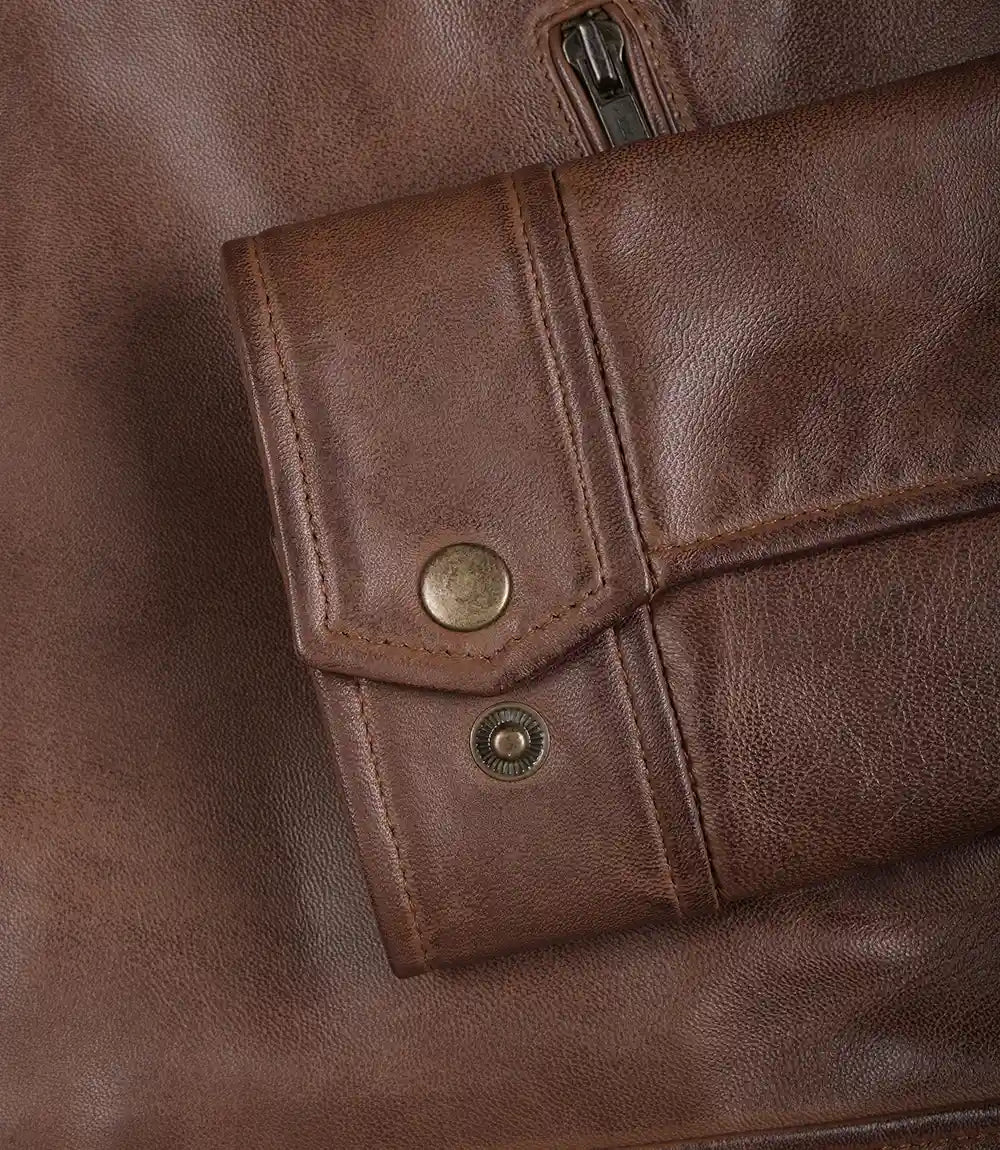 Men's Cognac Brown Harrington Leather Jacket | Buttoned-Cuff