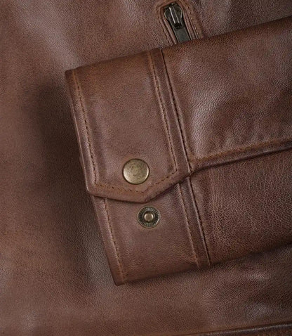 Men's Cognac Brown Harrington Leather Jacket | Buttoned-Cuff