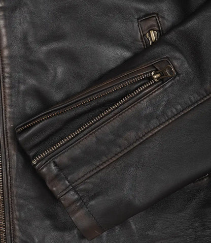 Men’s Vintage Brown Leather Biker Jacket with Dual Racing Stripes